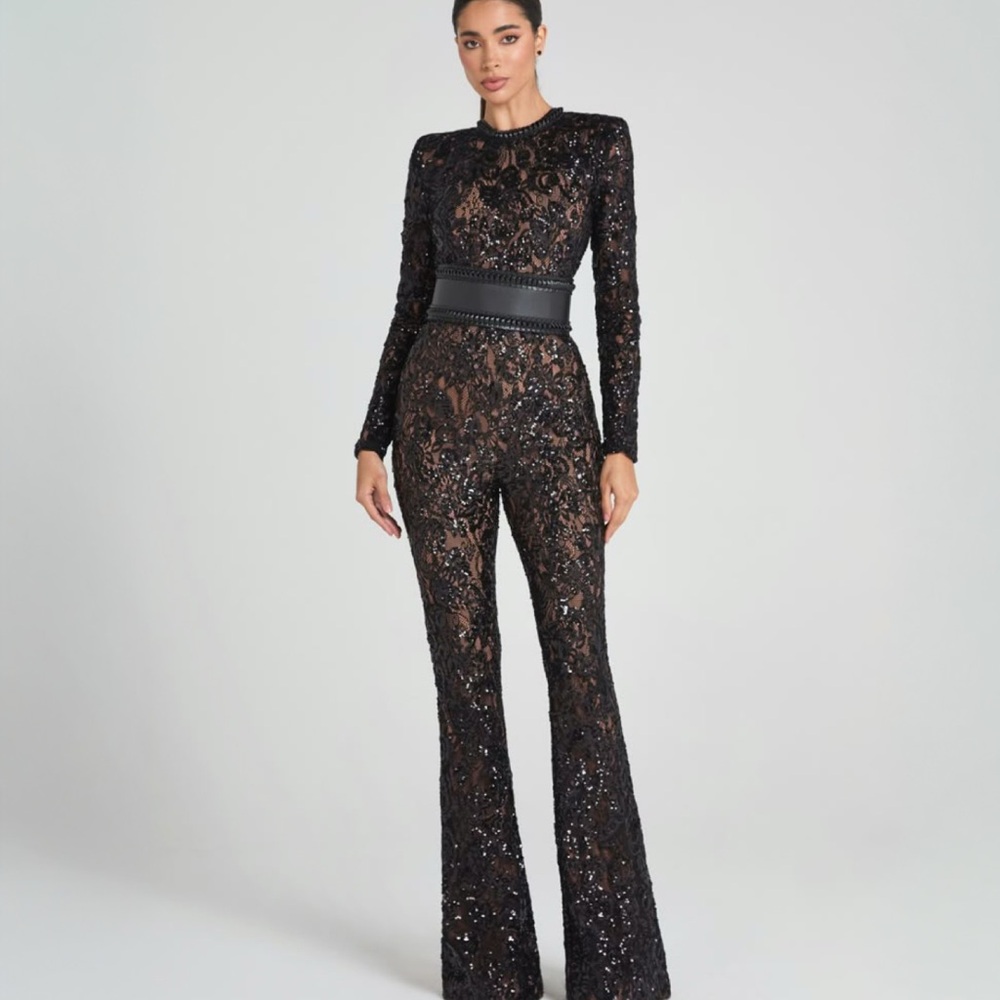 NADINE MERABI Black Sequin Lace Jumpsuit